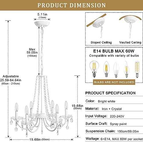 ASHUAQI Modern Crystal Chandelier | 6-Light White Metal Pendant Light