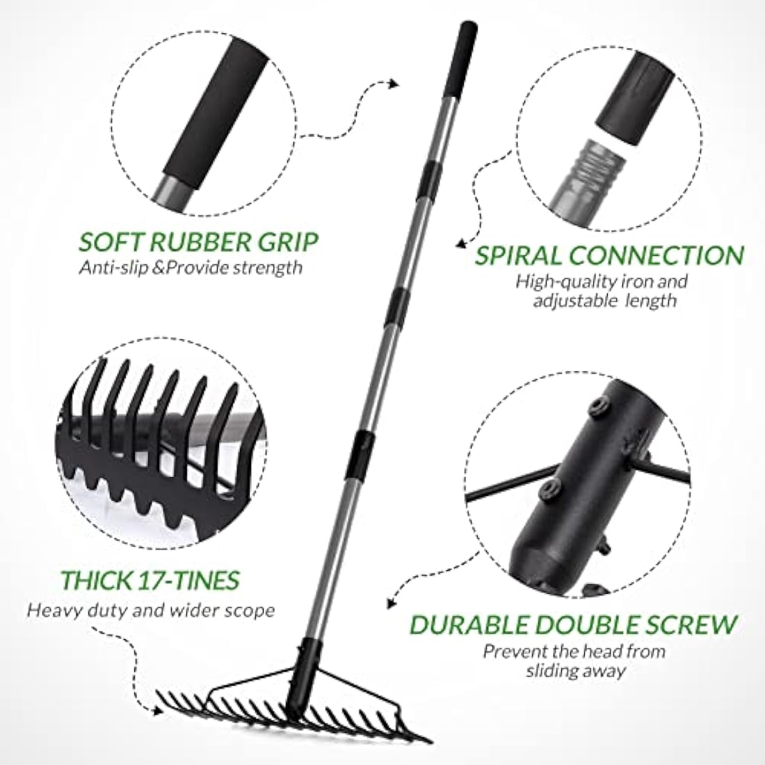 Walensee 17-Tine Garden Rake | 5.4FT Heavy Duty Stainless Steel Bow Rake