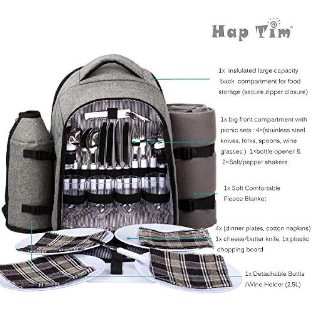 Hap Tim 4 Person Picnic Backpack with Insulated Cooler & Blanket - Grey