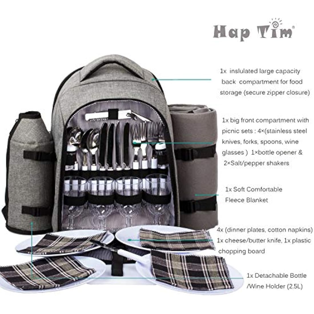 Hap Tim 4 Person Picnic Backpack with Insulated Cooler & Blanket - Grey