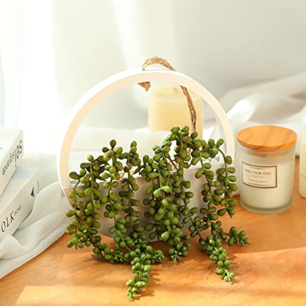 Hobyhoon Artificial String of Pearls Hanging Plant in Wooden Pot