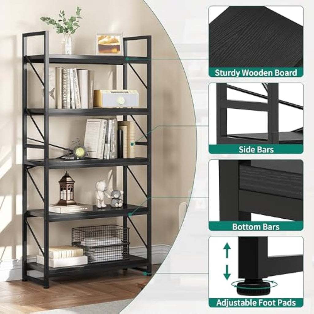 Jolof Store 5-Tier Industrial Bookcase – Rustic Wood and Metal Shelf