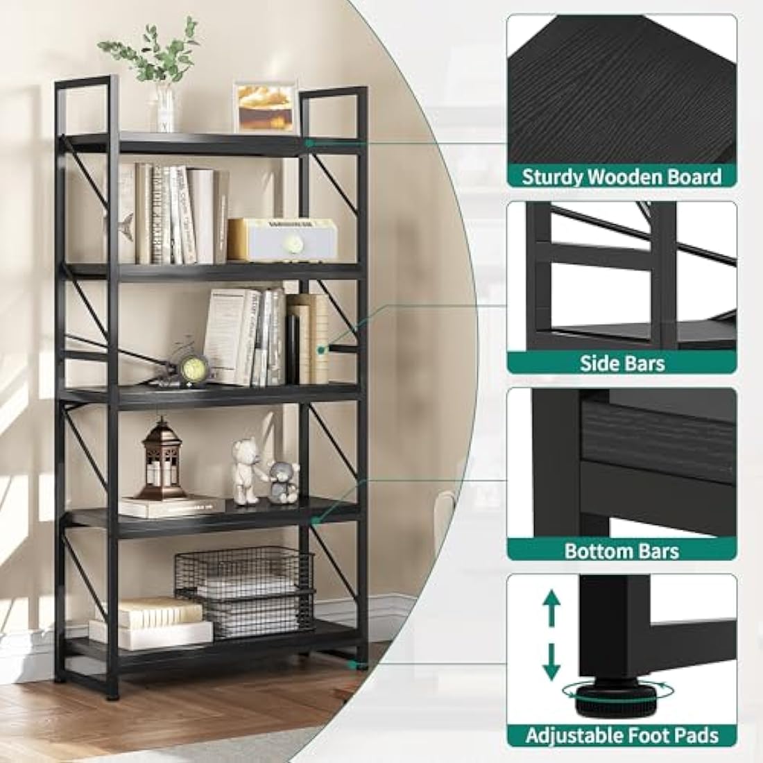 Jolof Store 5-Tier Industrial Bookcase – Rustic Wood and Metal Shelf