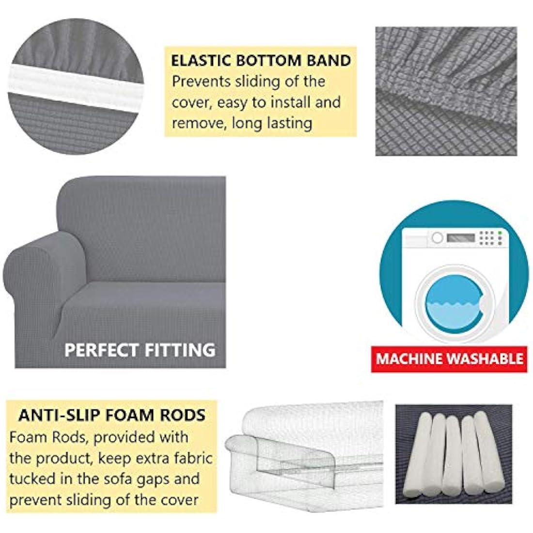 SAMSTEX 3 Seater Sofa Cover | Stretch Jacquard Slipcover - Light Grey