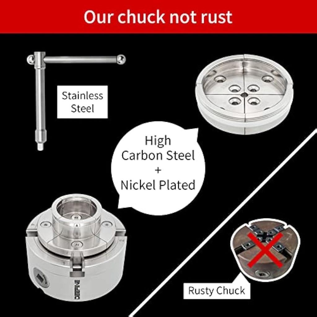 DEEFIINE 4 Inch Wood Lathe Chuck Set | Nickel Plated 4-Jaw Self Centering