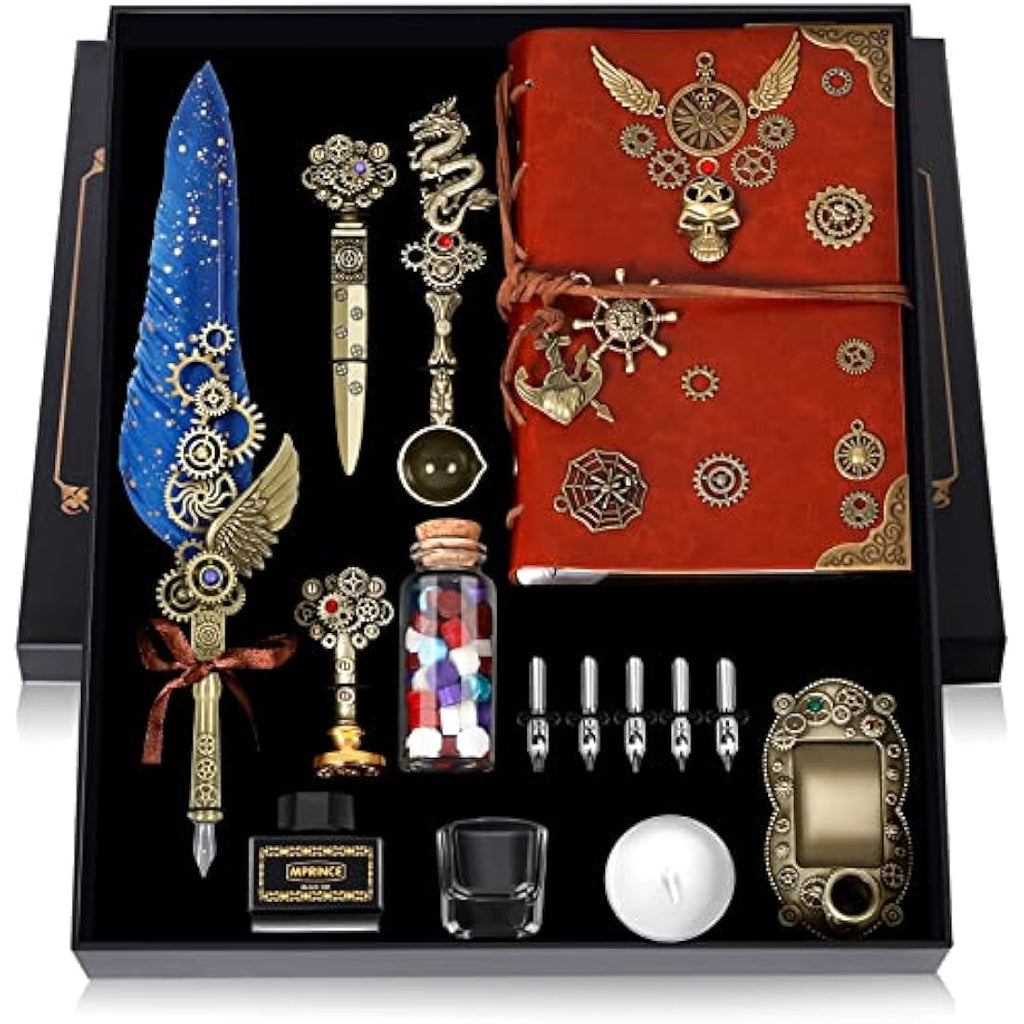 MPRINCE Quill Pen and Ink Set | Leather Notebook & Wax Seal Kit (Blue)