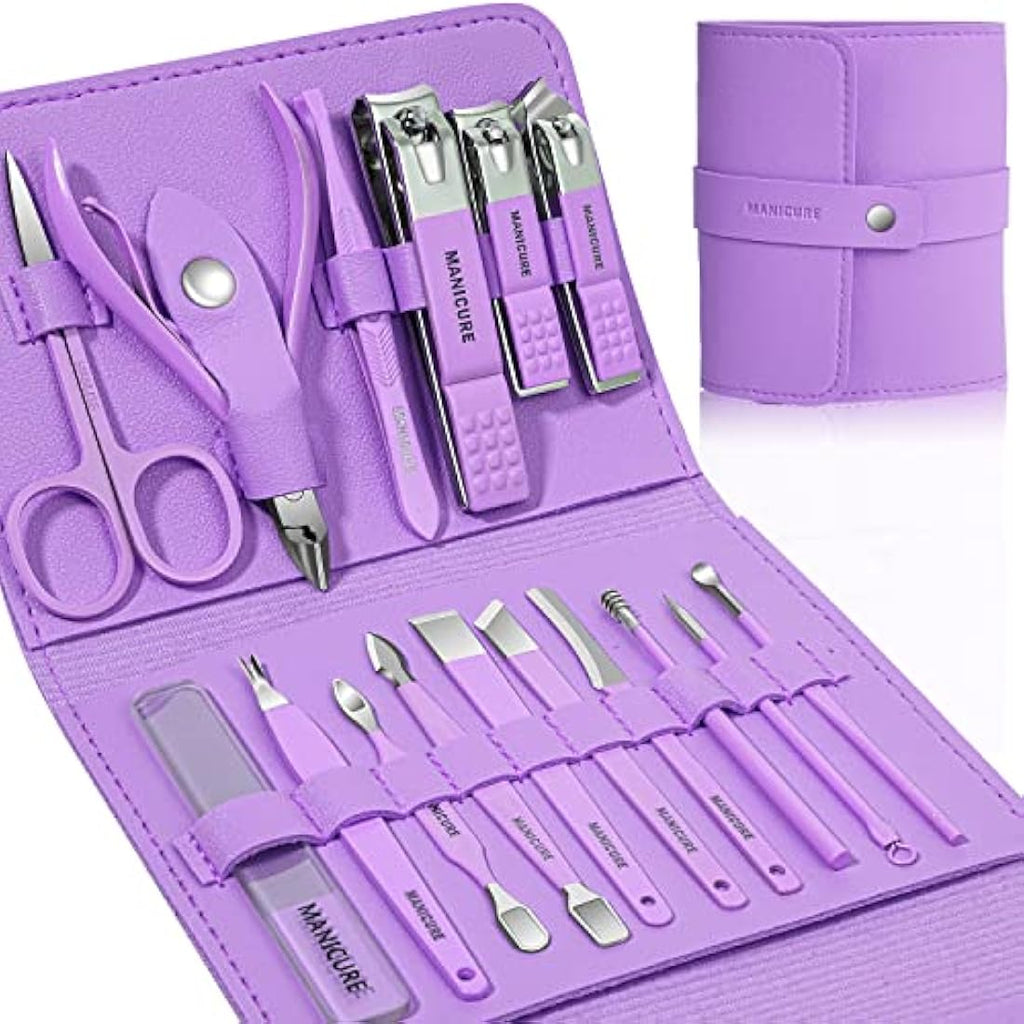 16-Piece Stainless Steel Manicure Set with Leather Case – Violet