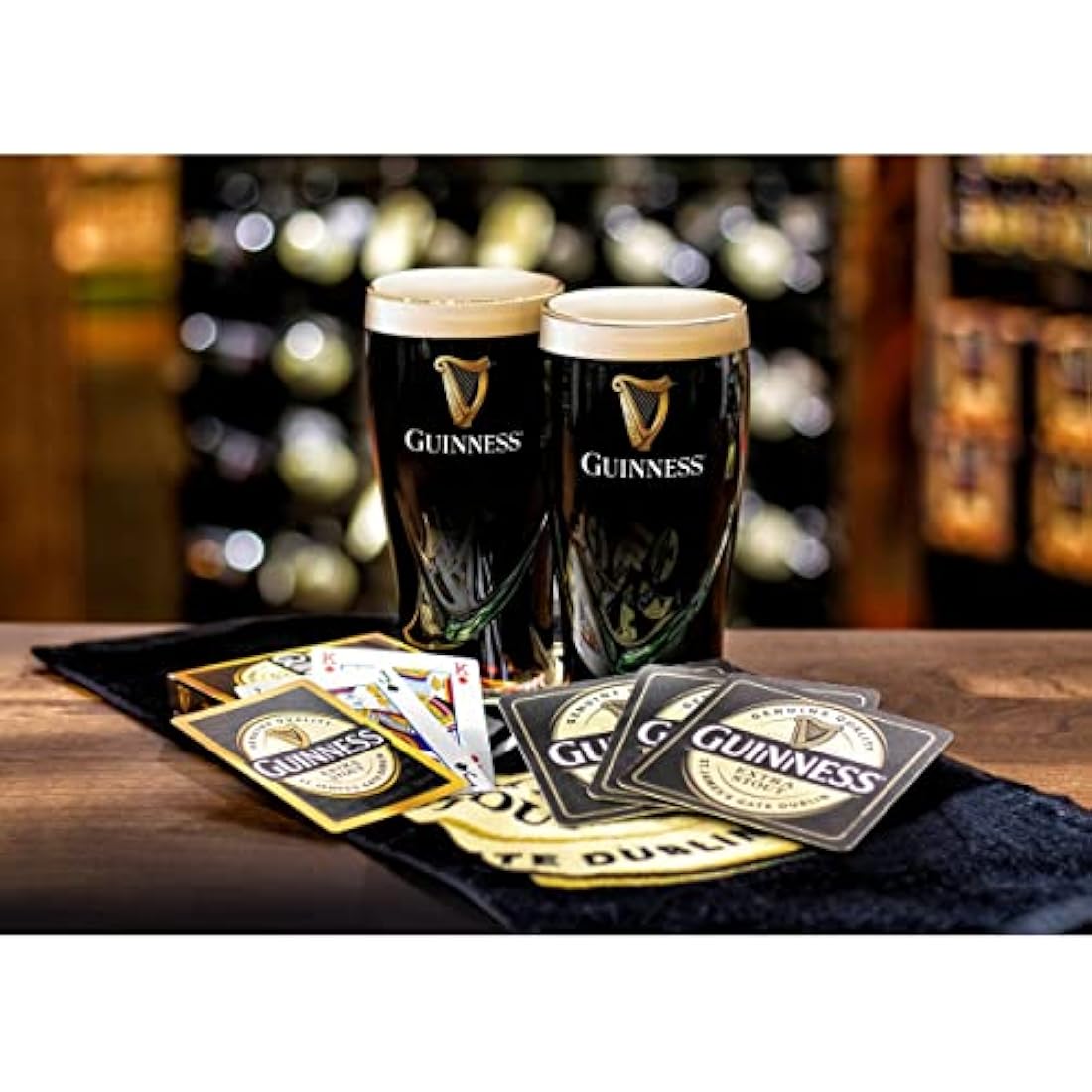 Guinness Home Bar Set – Gravity Pint Glasses, Bar Towel & Playing Cards