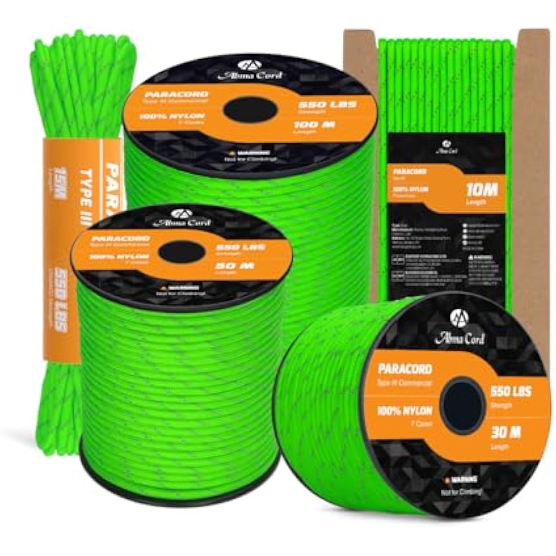 Abma Cord 550 Paracord – 100m Nylon Type III Rope, Reflective Green
