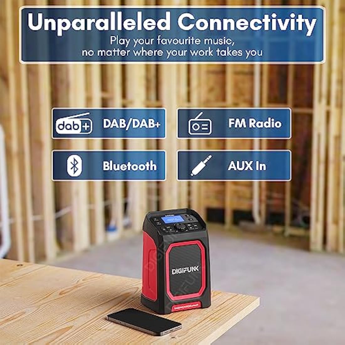 DigiFunk DAB+ Work Site Radio - IP65 Waterproof Bluetooth Speaker - Red