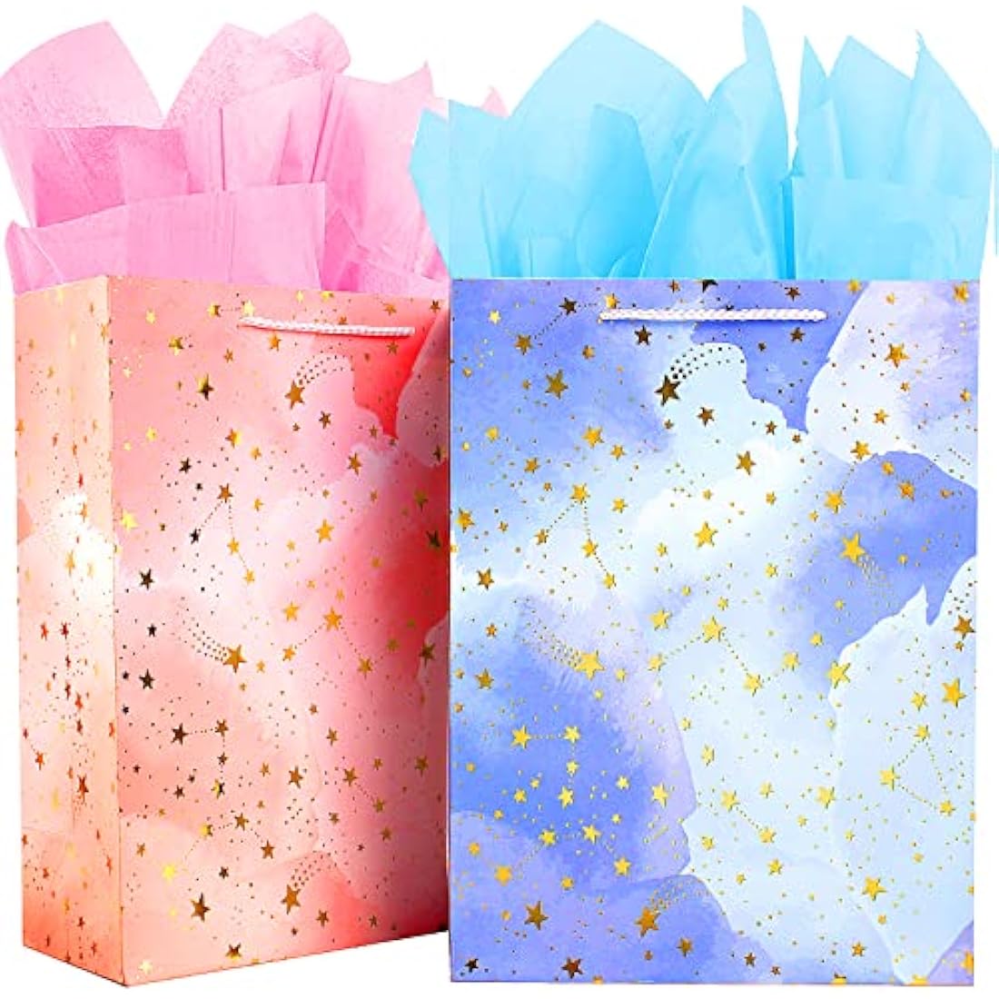 Large Gift Bags with Tissue Paper – 2 Pack Pink & Blue Set