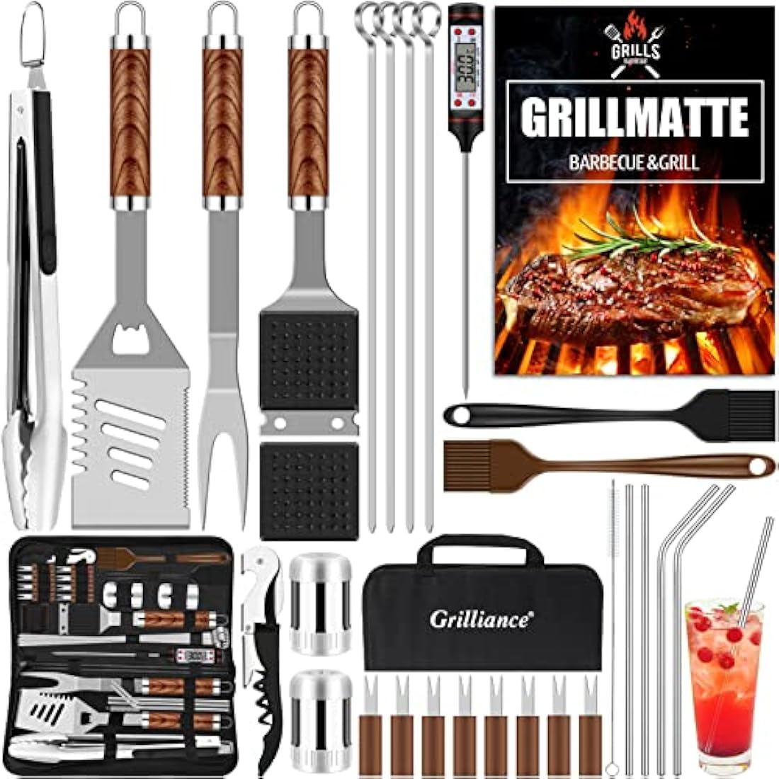 Grilliance 30-Piece Stainless Steel BBQ Grill Tools Set with Carrying Bag