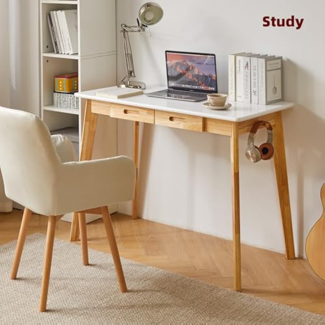 Aibiju Solid Wood Computer Desk – Mid-Century Writing Table with Drawers