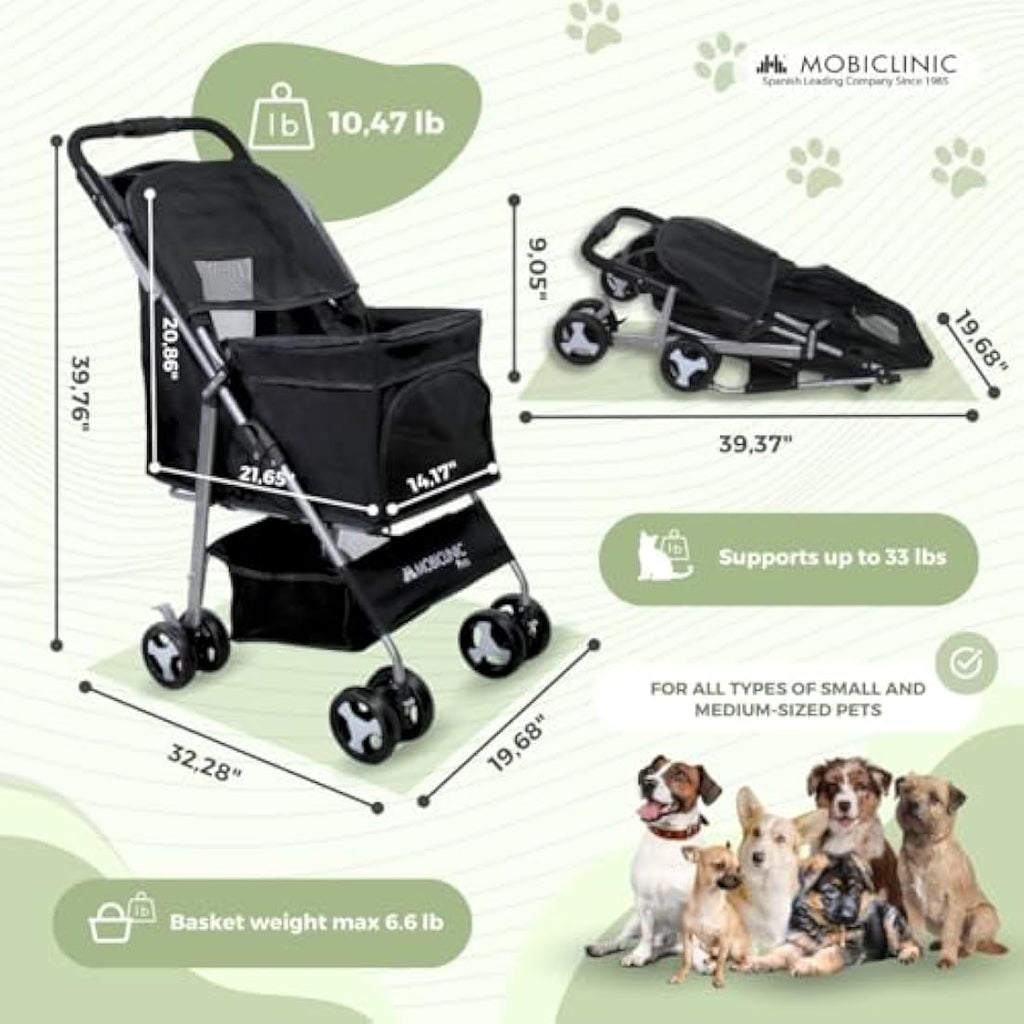 Mobiclinic Zuma Foldable Dog Pram - Pet Stroller for Small Dogs, Black