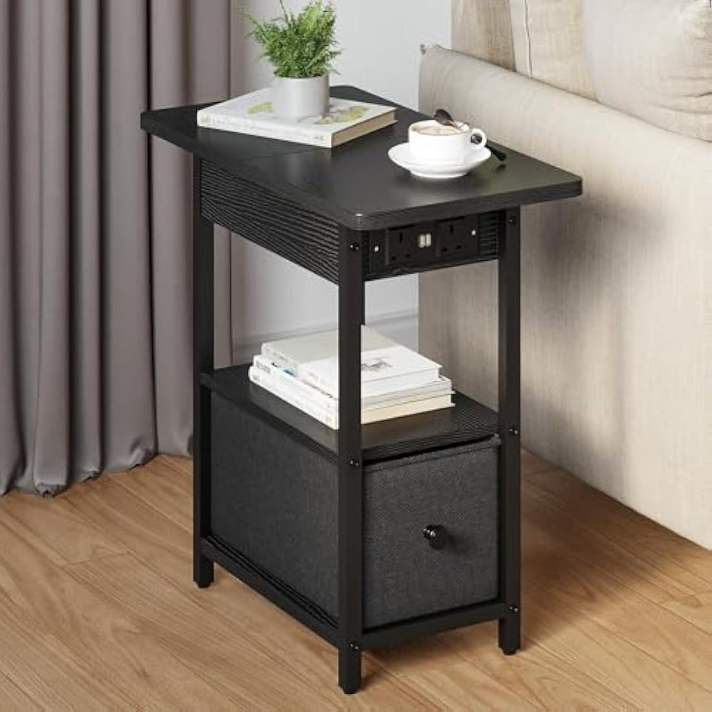 Jolof Store Narrow Side Table with Charging Station – Black Slim End Table
