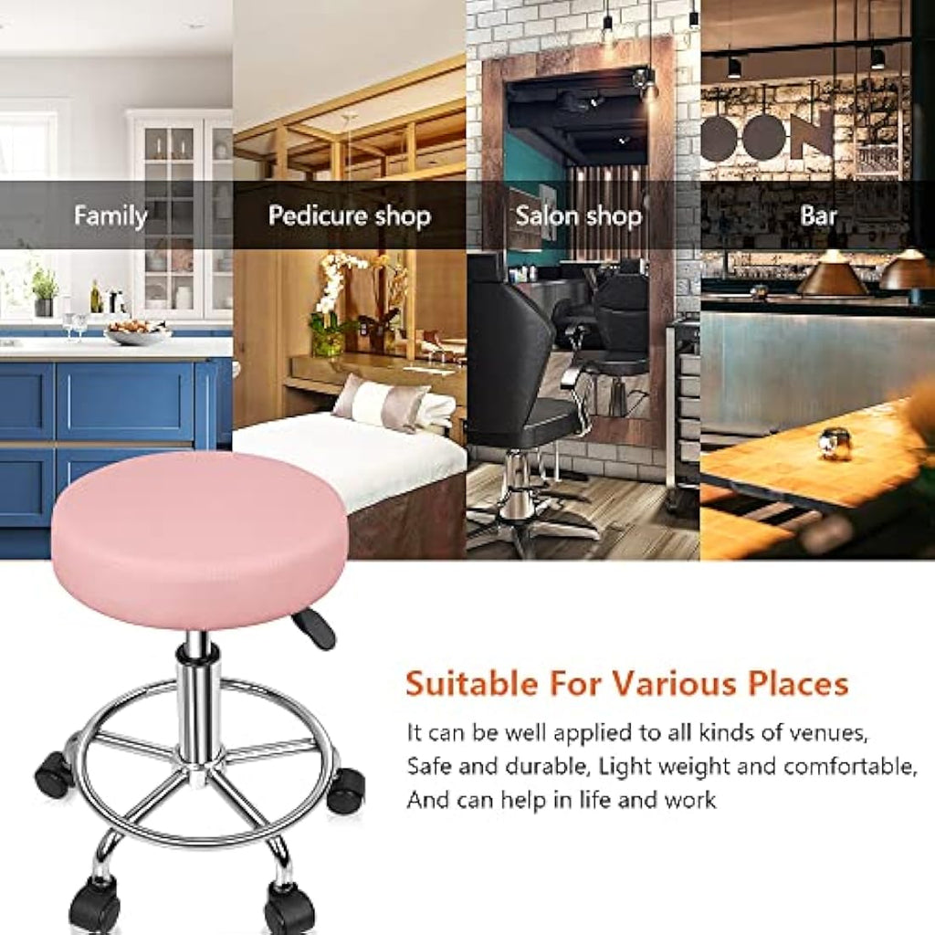 KKTONER PU Leather Rolling Stool - Swivel Salon Chair with Footrest, Pink