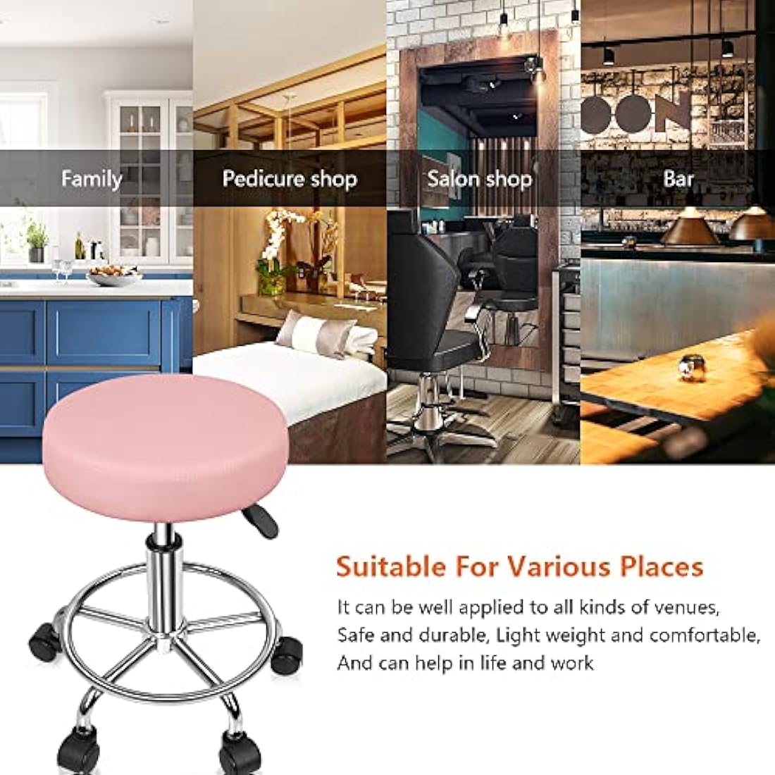 KKTONER PU Leather Rolling Stool - Swivel Salon Chair with Footrest, Pink