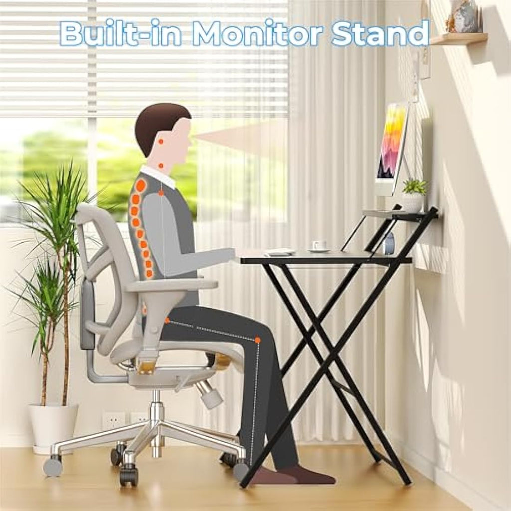 GreenForest Folding Computer Desk with Monitor Shelf – Black