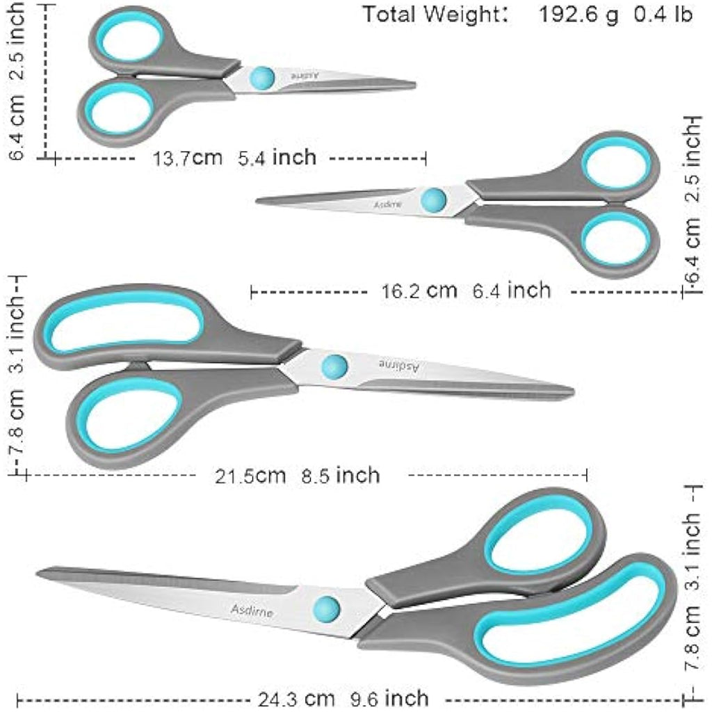 Asdirne Stainless Steel Scissors - 4 Pack Ergonomic Soft Grip Shears