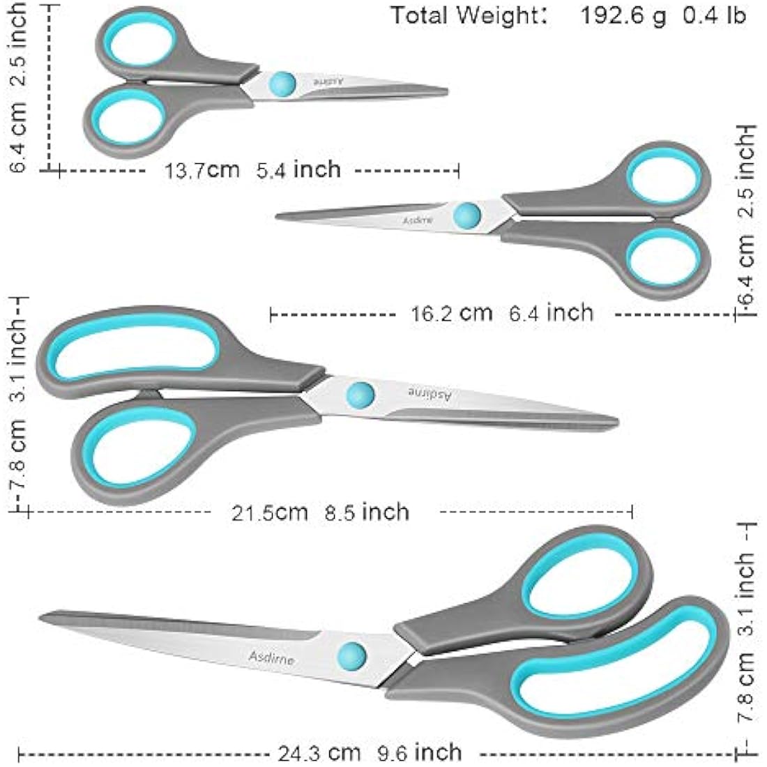 Asdirne Stainless Steel Scissors - 4 Pack Ergonomic Soft Grip Shears