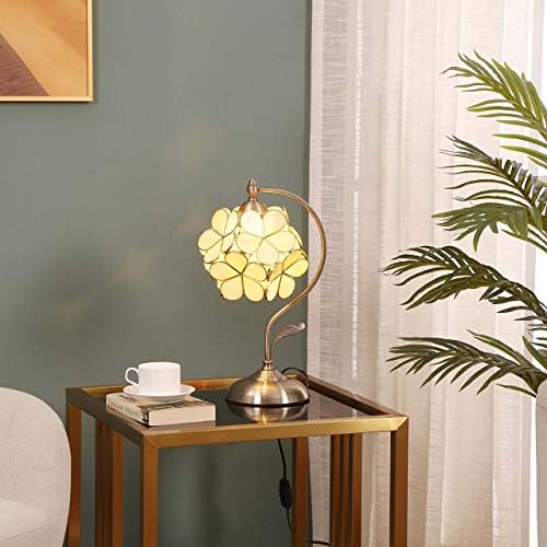 Bieye Tiffany Style Stained Glass Flower Petal Table Lamp with Brass Base