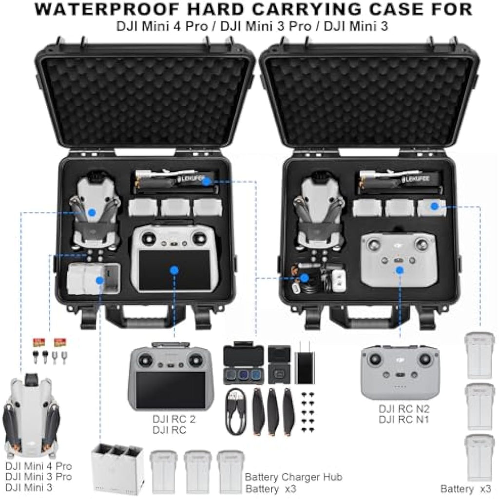 Lekufee Waterproof Hard Case for DJI Mini 4 Pro/3 Pro | Durable ABS Shell