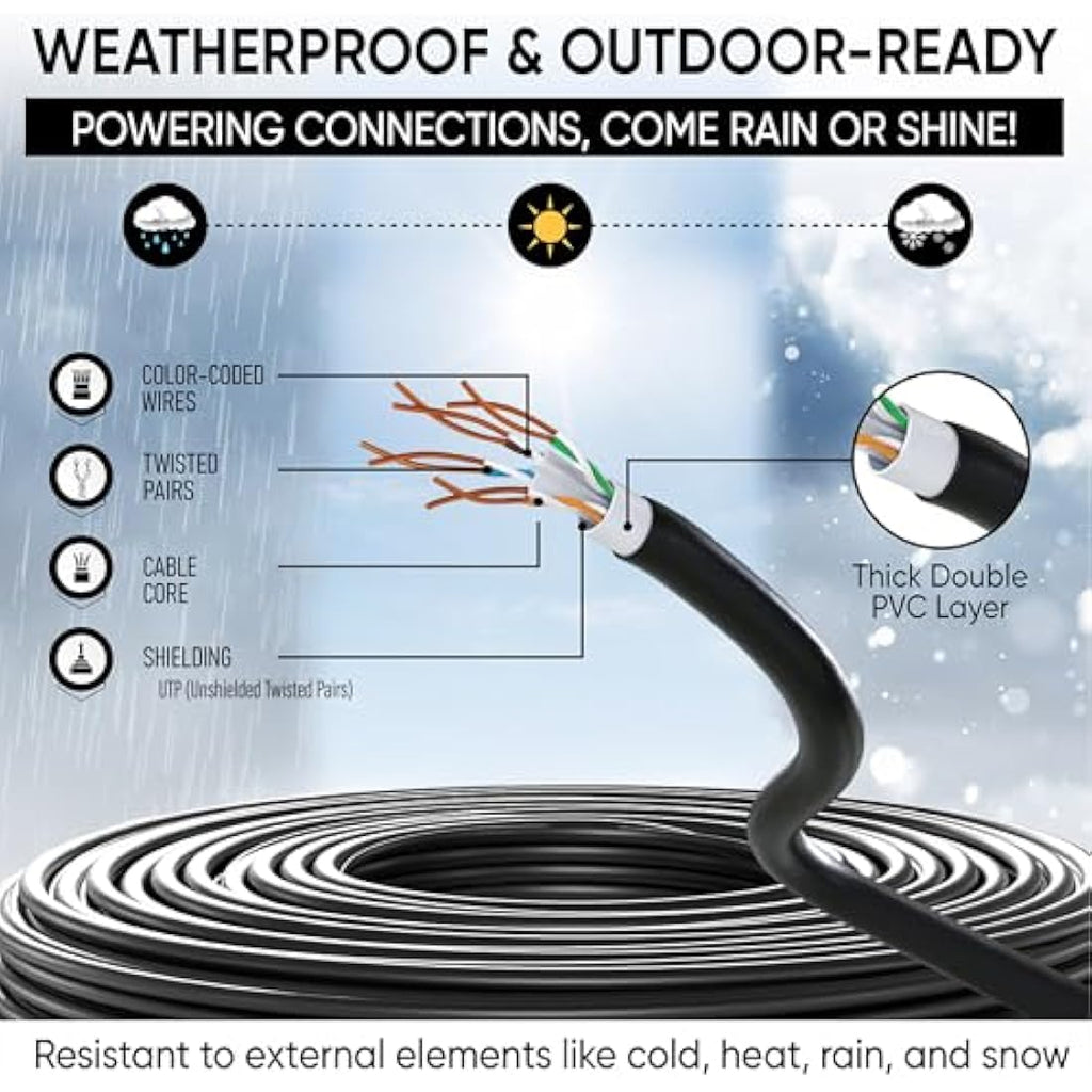 Mr. Tronic Cat 6 Outdoor Waterproof Ethernet Cable - 100m Black Bulk UTP