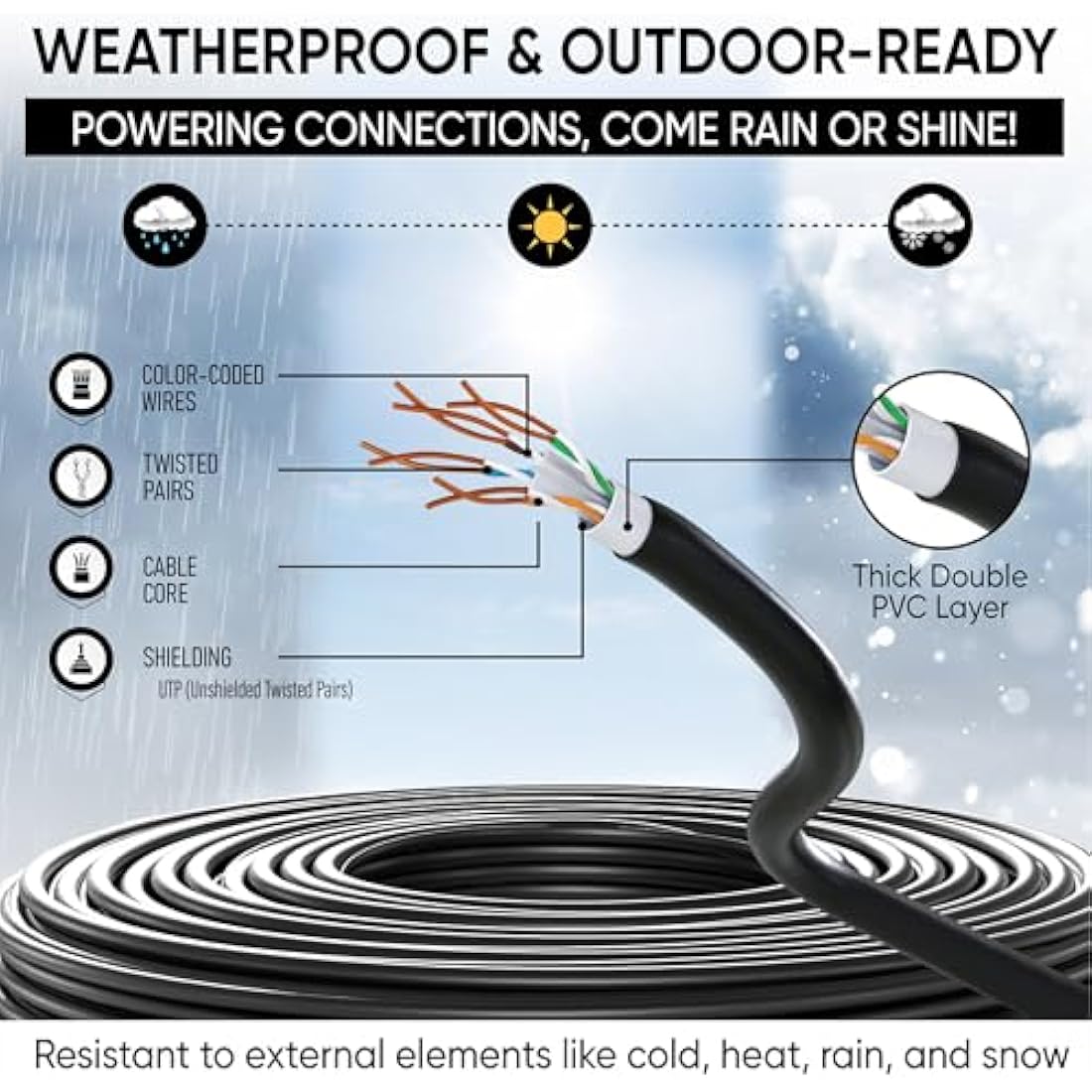 Mr. Tronic Cat 6 Outdoor Waterproof Ethernet Cable - 100m Black Bulk UTP