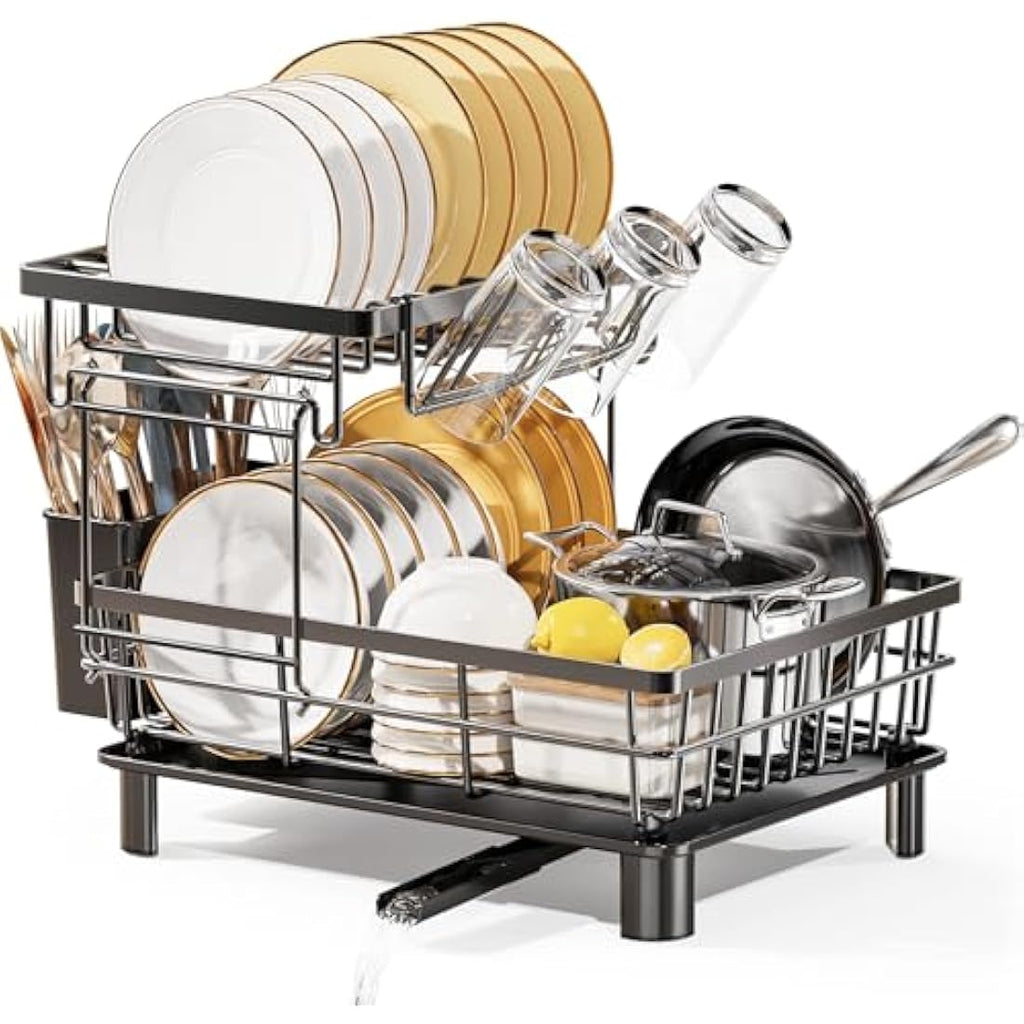 LIONONLY 2-Tier Dish Drying Rack with 360° Swivel Spout & Utensil Holder