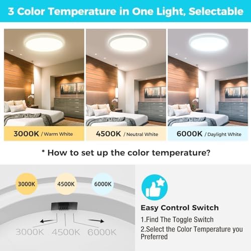 Libtit 24W LED Flush Mount Ceiling Light | 3-Color Ultra-Slim 2-Pack