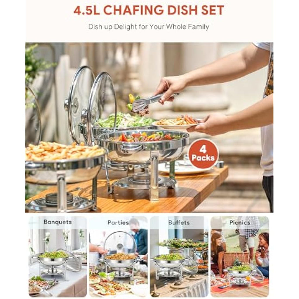 Wilprep 4-Pack Round Chafing Dish Buffet Set | 4.5L Stainless Steel Chafers