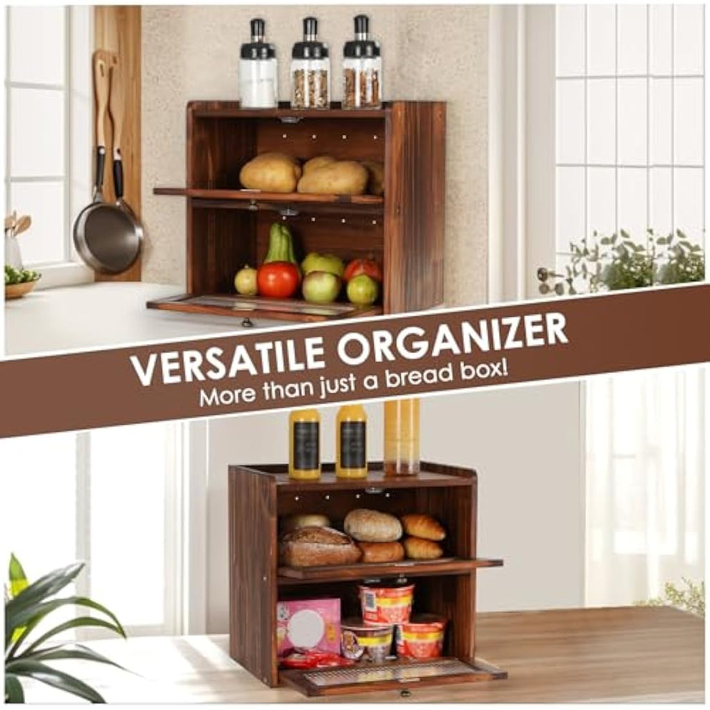 GUUSII HOME Wooden Bread Bin – 2-Tier Large Kitchen Countertop Storage Box