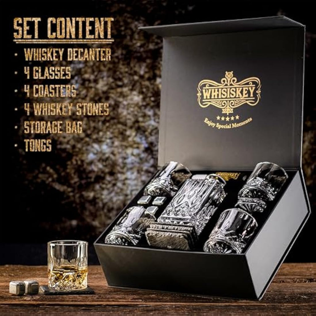 Whisiskey 700ml Whiskey Decanter Set with 4 Glasses and Stones