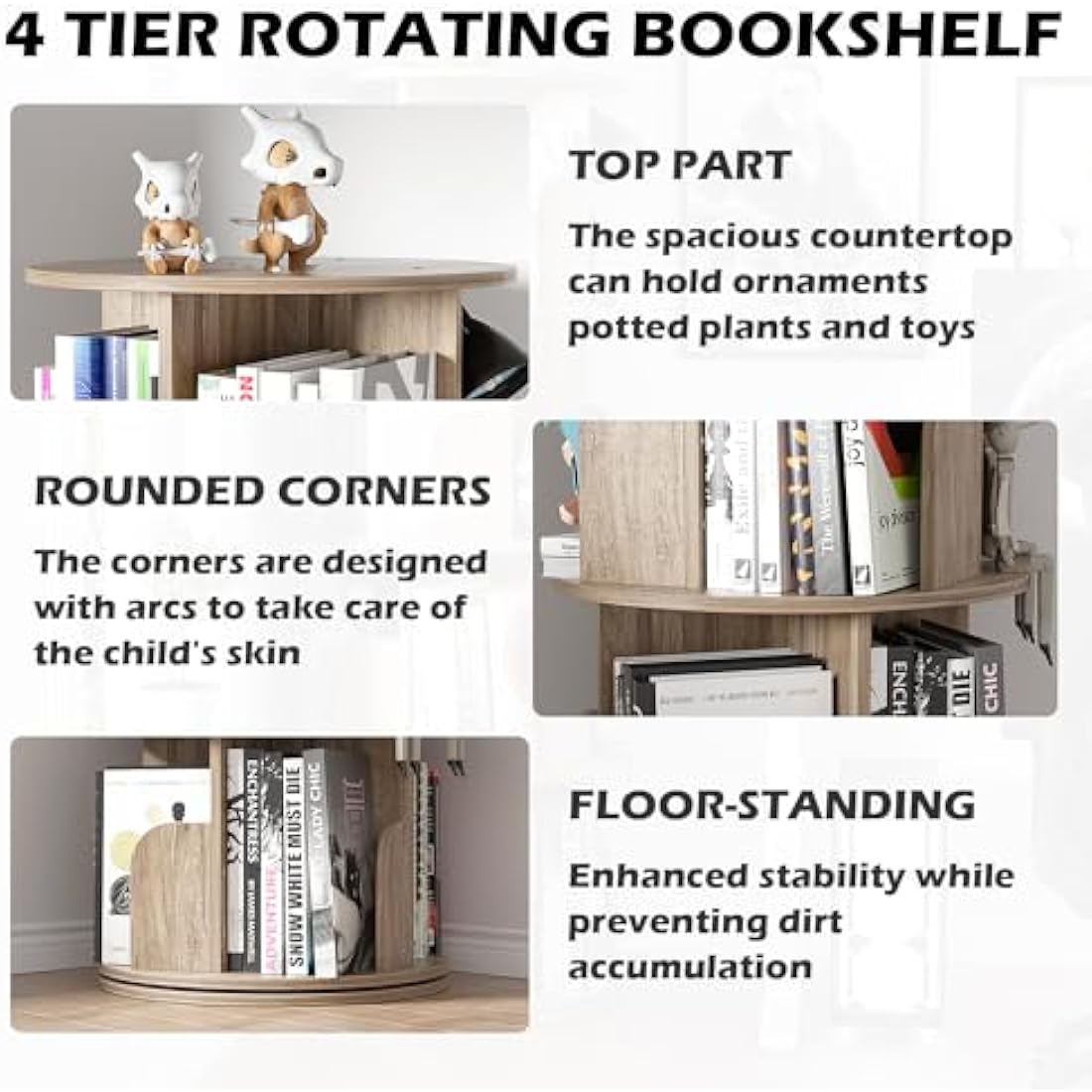 Nisorpa 4-Tier Rotating Bookshelf | 360° Spinning Wooden Bookcase