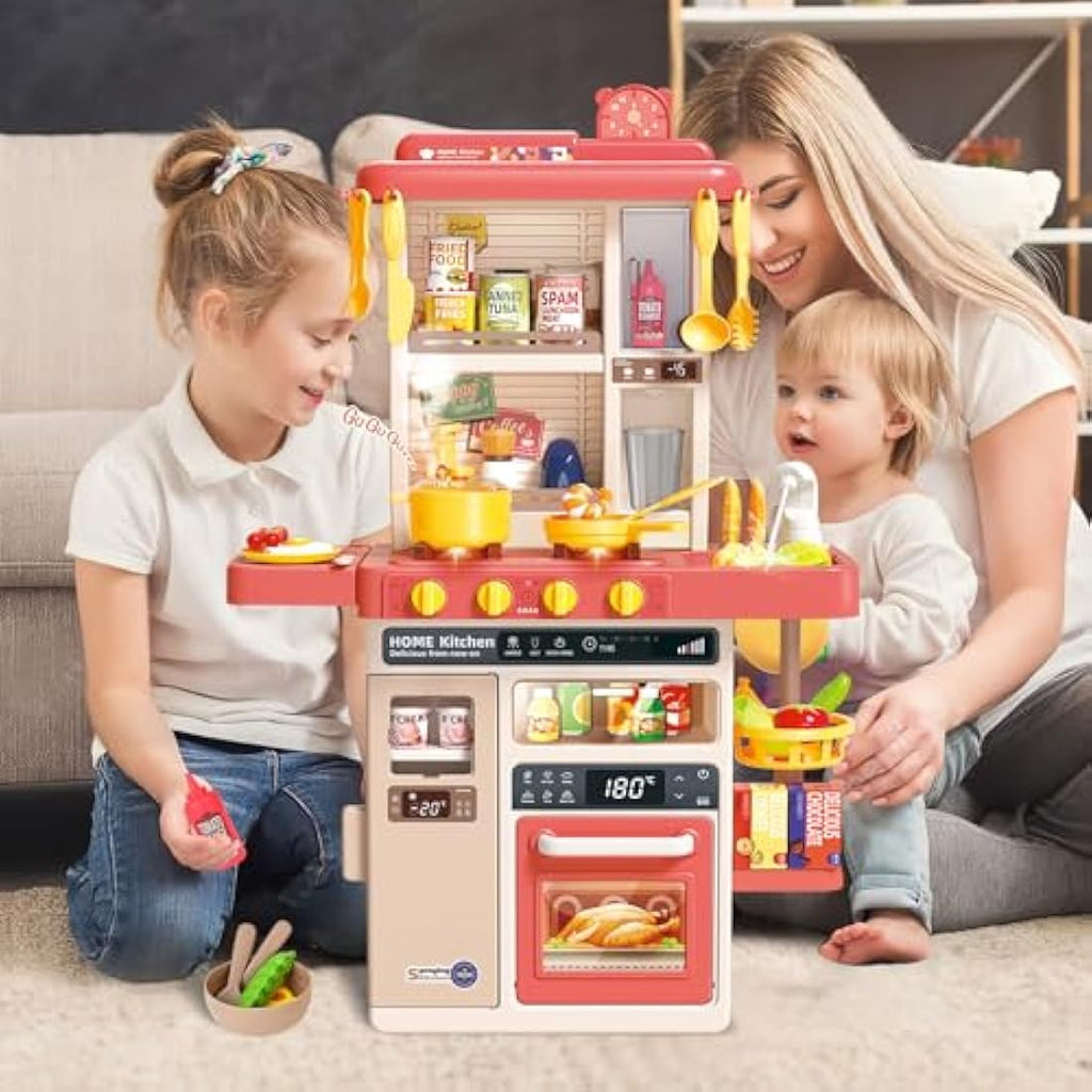 deAO Kids Kitchen Playset with Lights, Steam & Accessories - Pink