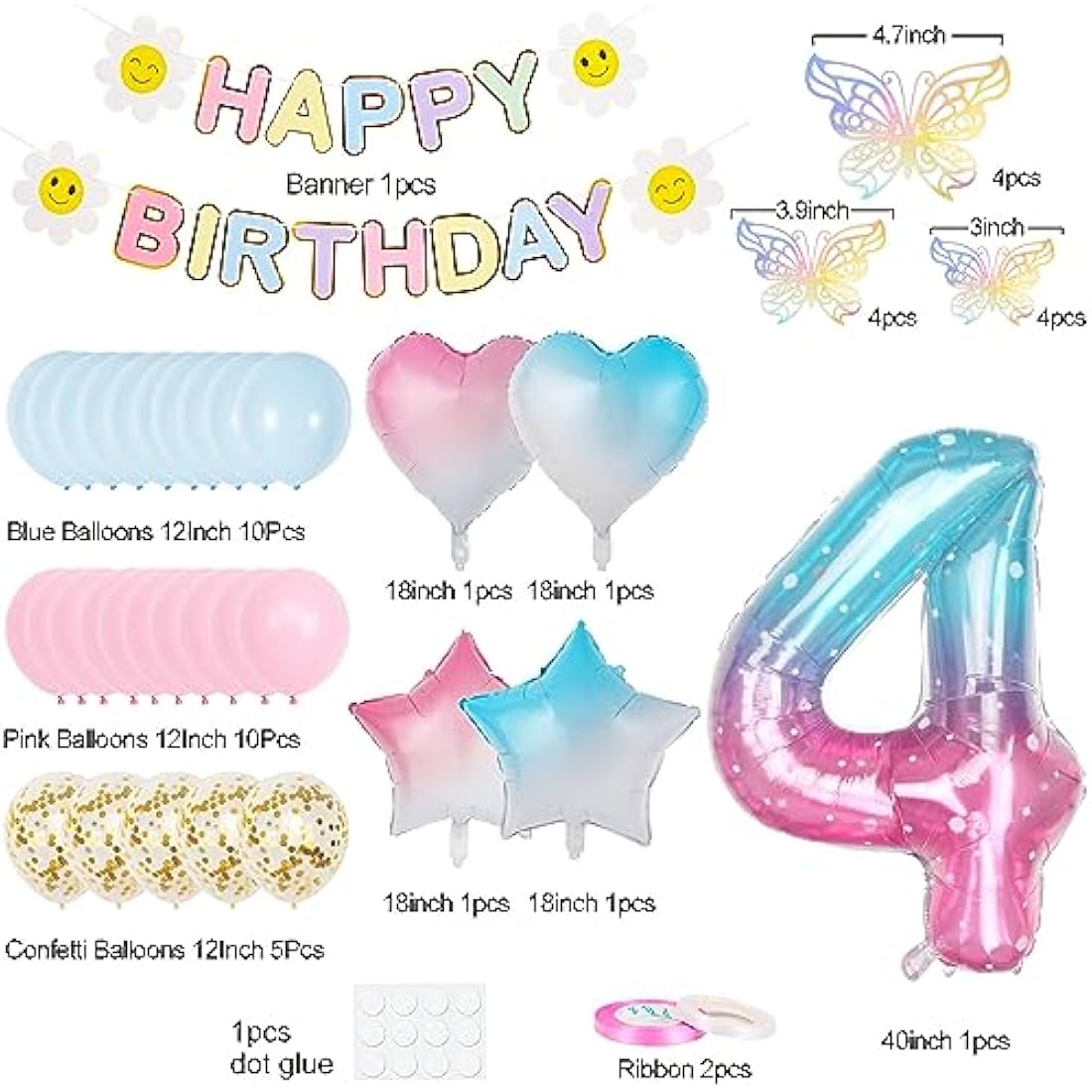 4th Birthday Decorations - Gradient Number 4 Balloon & Banner