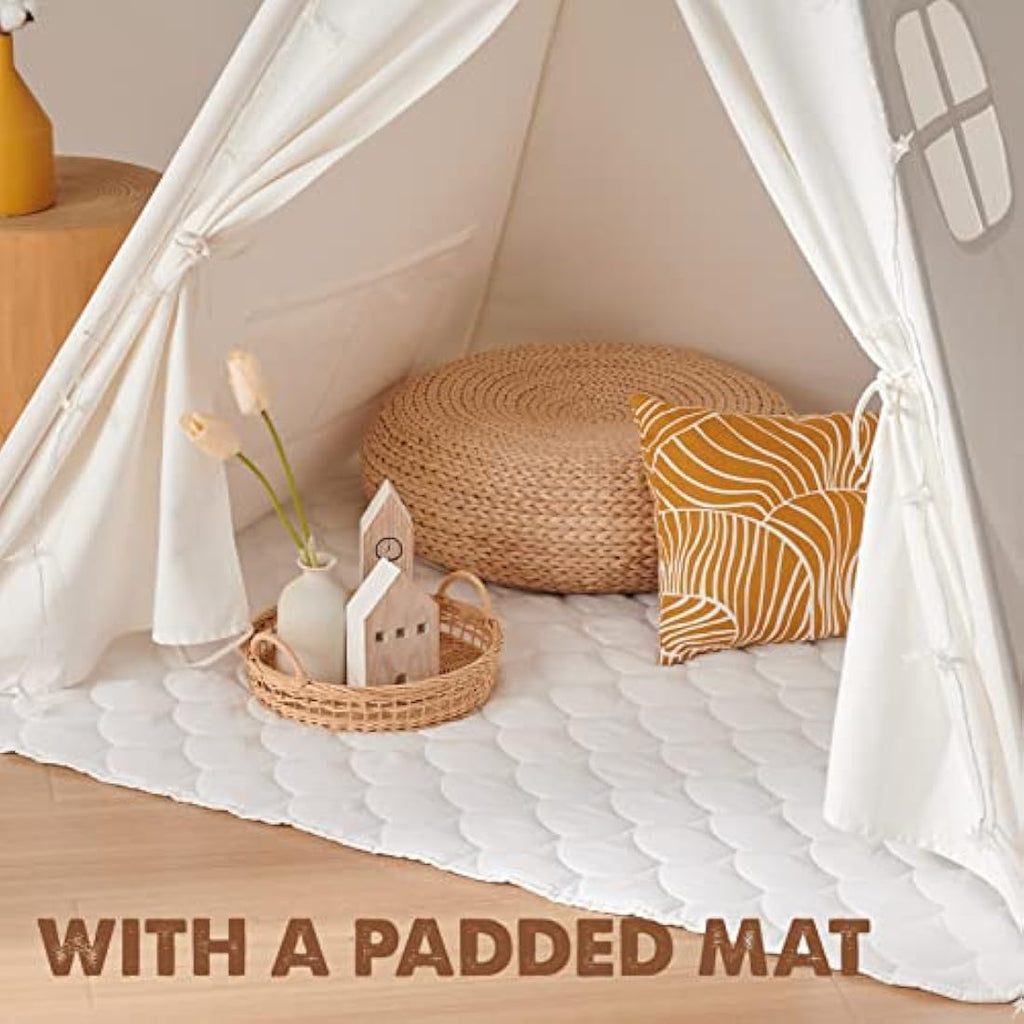 Tiny Land Kids Teepee Tent with Padded Mat & Lights | Off-White Canvas