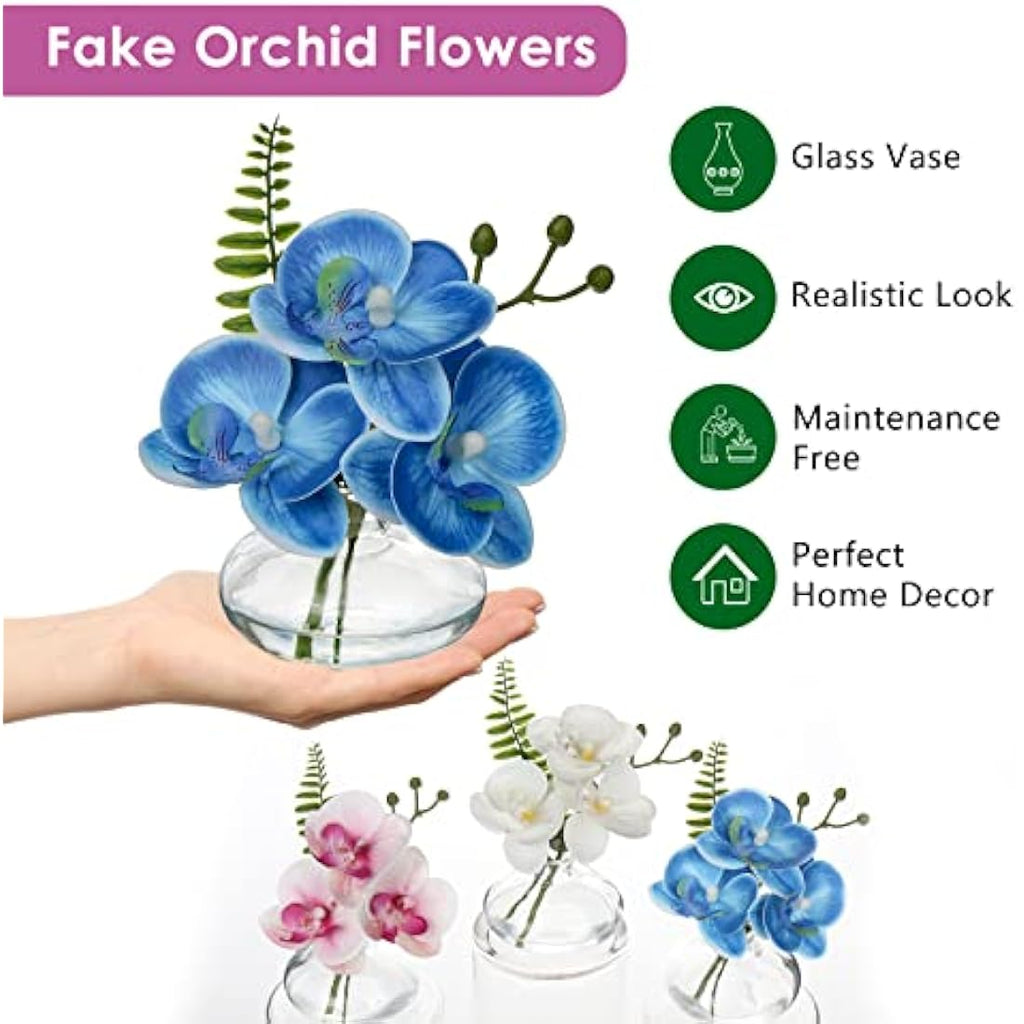 Briful Set of 3 Blue Artificial Orchids in Glass Vase – Real Touch Faux Flowers