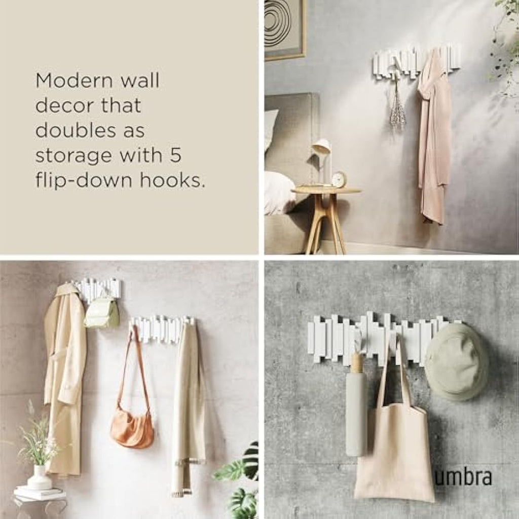 Umbra Sticks Multi Hook Wall Mounted Coat Rack – Modern 5-Hook Hanger, White