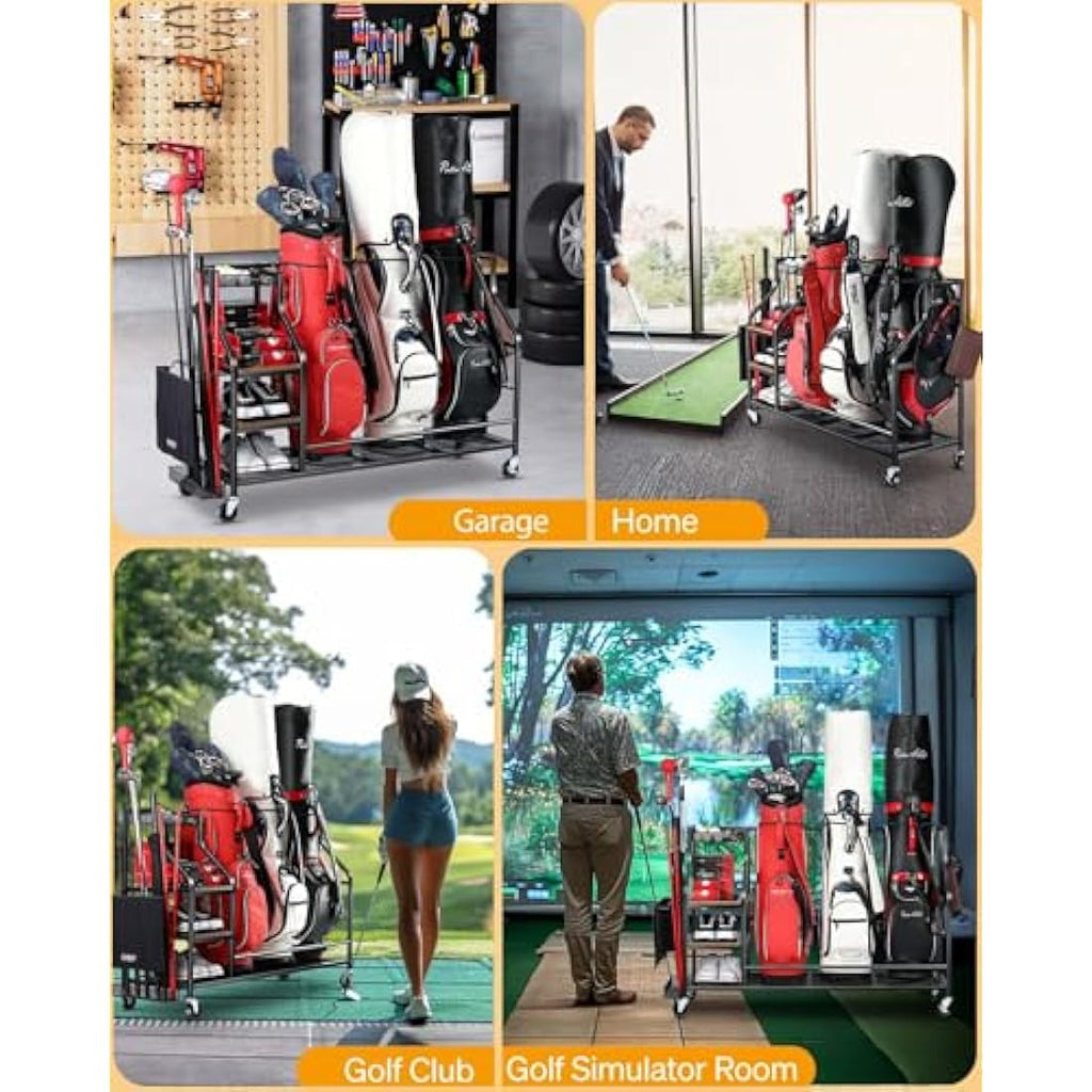 EXTCCT 3-Bag Golf Storage Organizer – Heavy-Duty Steel Rack with Wheels