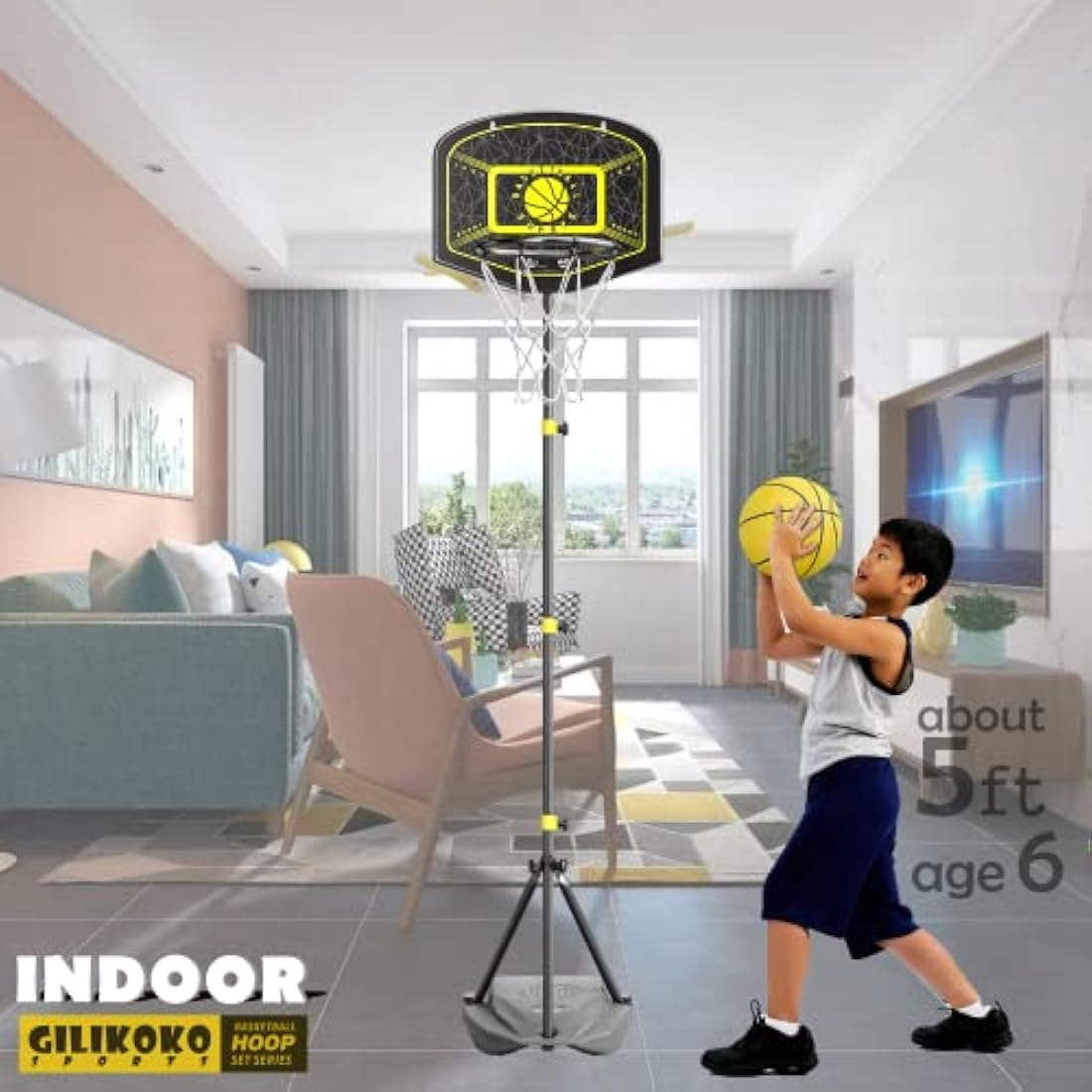 GILIKOKO Kids Basketball Hoop | 3.6-6.2ft Adjustable Steel Frame Stand