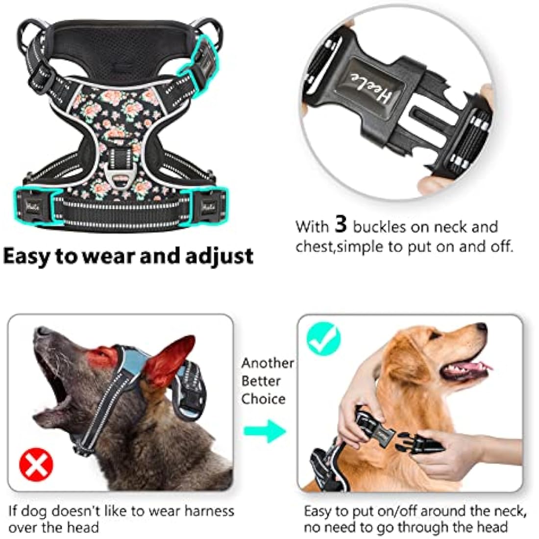 HEELE No Pull Dog Harness | Reflective Padded Vest with Neck Clip