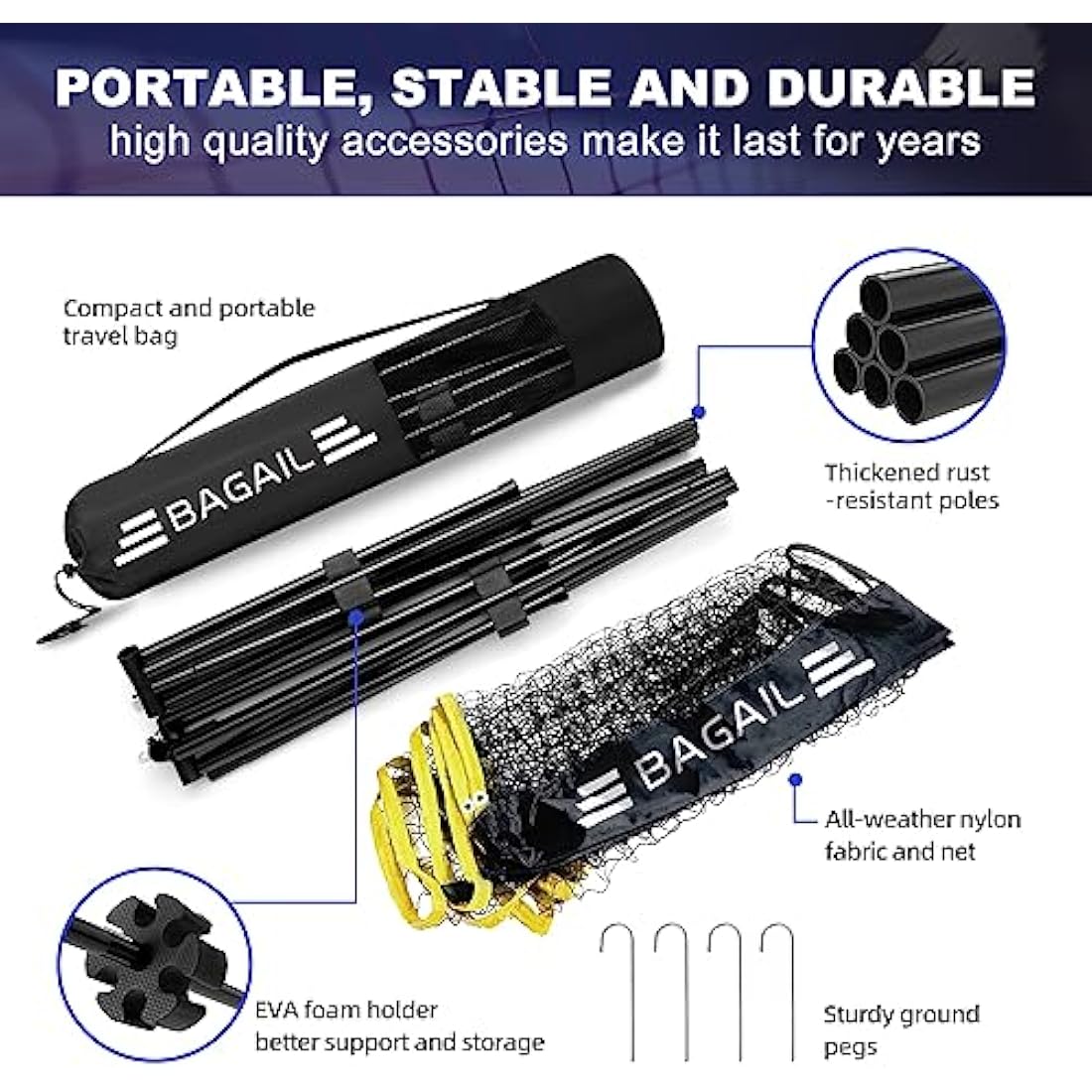 BAGAIL Portable Badminton Net – Adjustable Height Foldable Sports Net