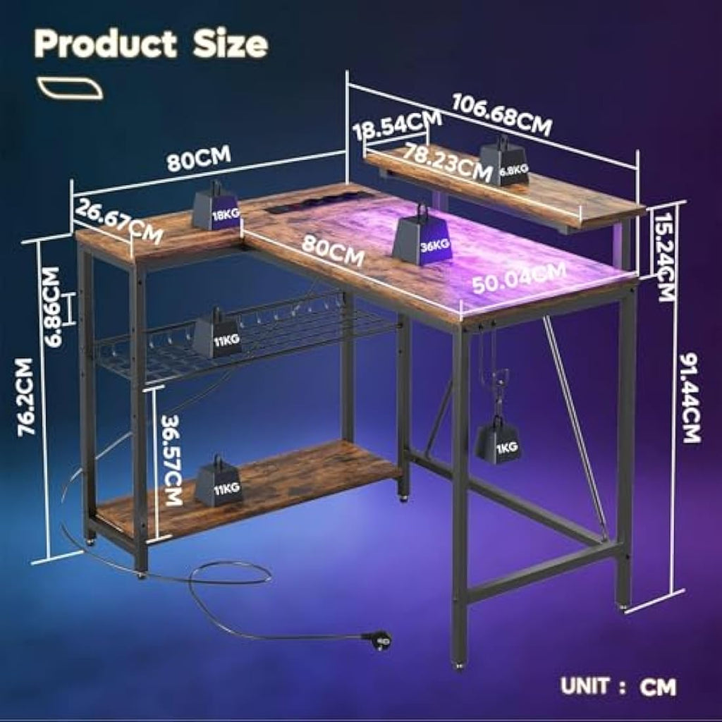 Bestier L-Shaped Gaming Desk with LED Lights and Power Outlets