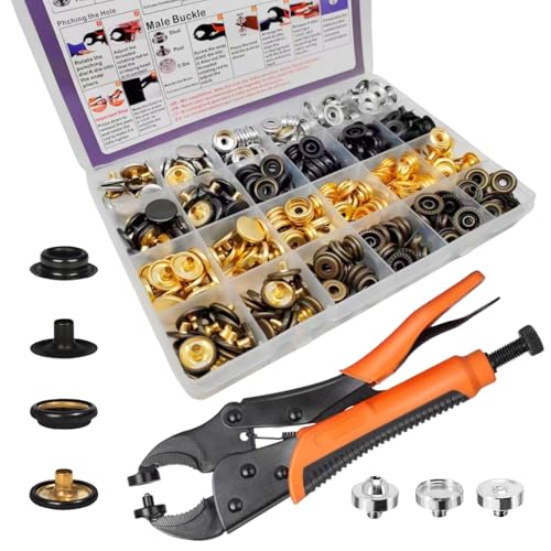 SUNAROC 100 Sets Metal Snap Fasteners Kit – 15mm Press Studs with Tool