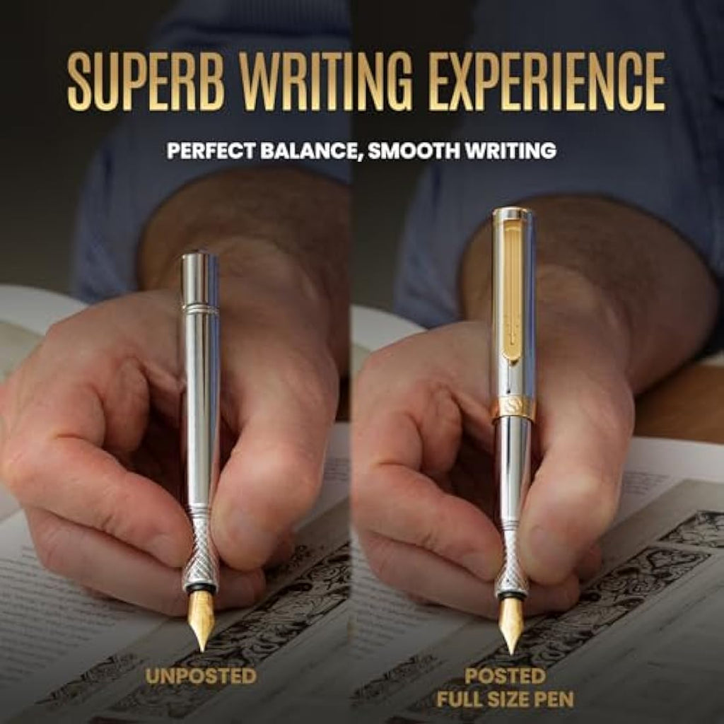 Scriveiner Silver Chrome Fountain Pen | Fine Schmidt Nib Gold Plated