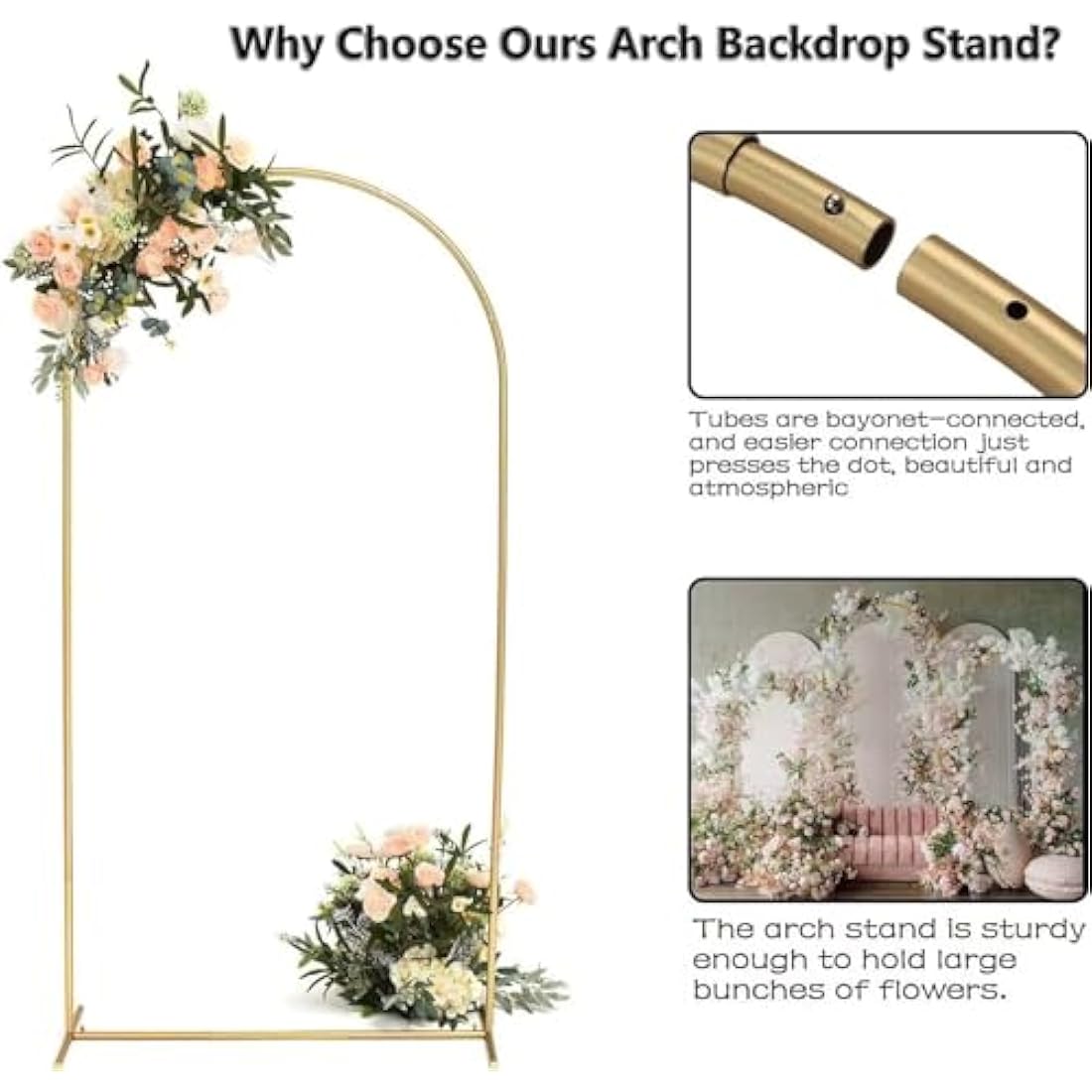 VINCIGANT 2M Gold Metal Wedding Arch Backdrop Stand for Party Decor