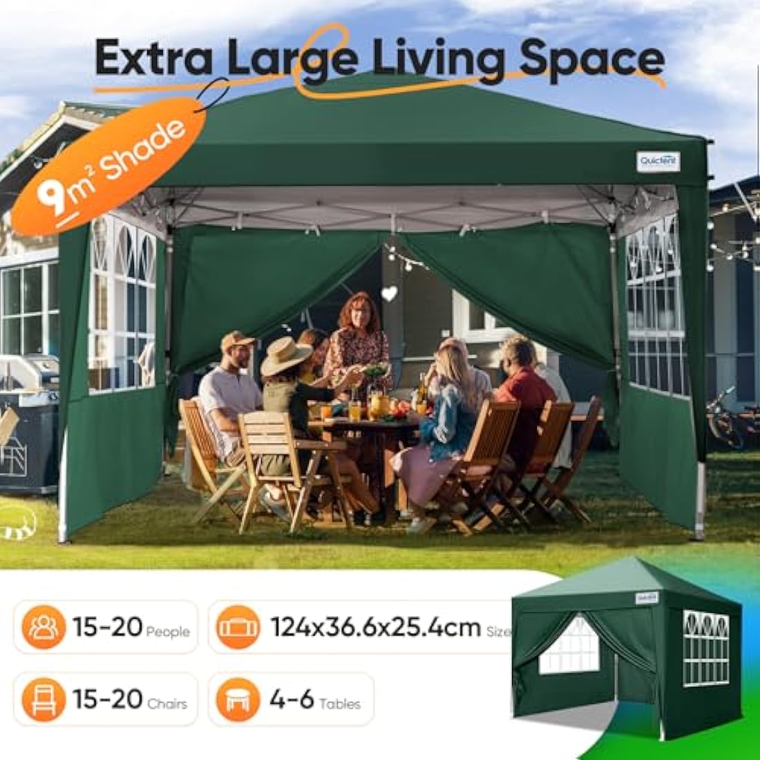Quictent 3x3m Pop Up Canopy Gazebo with Sidewalls | 10x10ft Green Tent