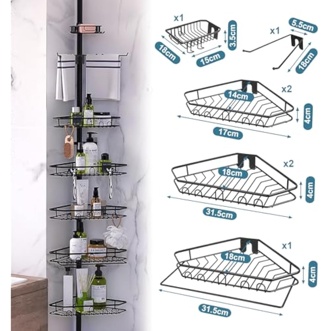 Mutool 7-Tier Telescopic Corner Shower Caddy – Adjustable Metal Shelf, Black
