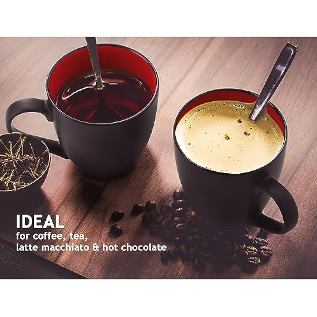 MIAMIO Stoneware Coffee Mug Set – 6 x 350ml Matte Black & Red Cups